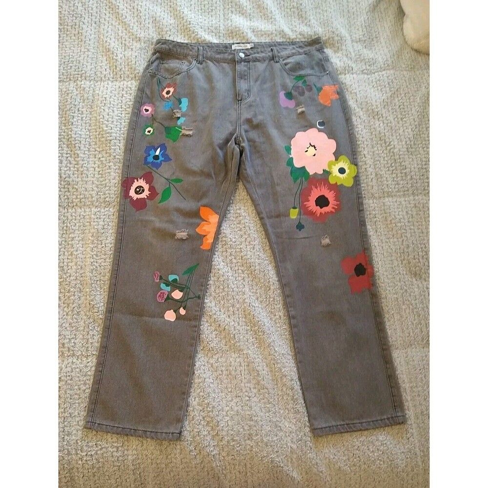 Miss Look Distressed Floral Print Denim Gray Jeans 5x Boho Cottagecore Y2k
